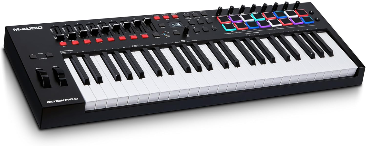 M-AUDIO Oxygen Pro 49 Key USB MIDI Keyboard Controller With Beat Pads, MIDI-assignable Knobs, Buttons and Faders, and Native Instruments Sound Package (NKS Integration)