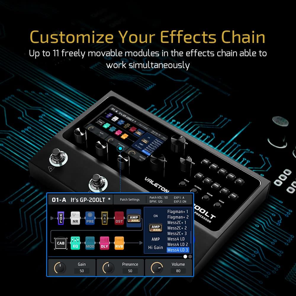 Valeton GP-200LT Multi Effects Pedal Multi Effects Processor Guitar Effects Pedal Bass Pedal Amp Modeling IR Cabinets Simulation Multi-Effects with FX Loop MIDI I/O Stereo OTG USB Audio Interface
