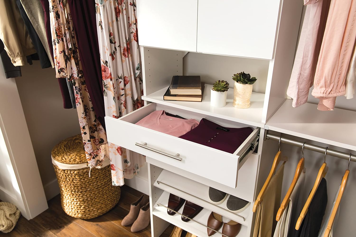 ClosetMaid SuiteSymphony Wood Closet Drawer, Add On Accessory, Modern Style, for Storage, Closet, Clothes, 25” x 5” Size for 25 in. Units, Pure White/Satin Nickel