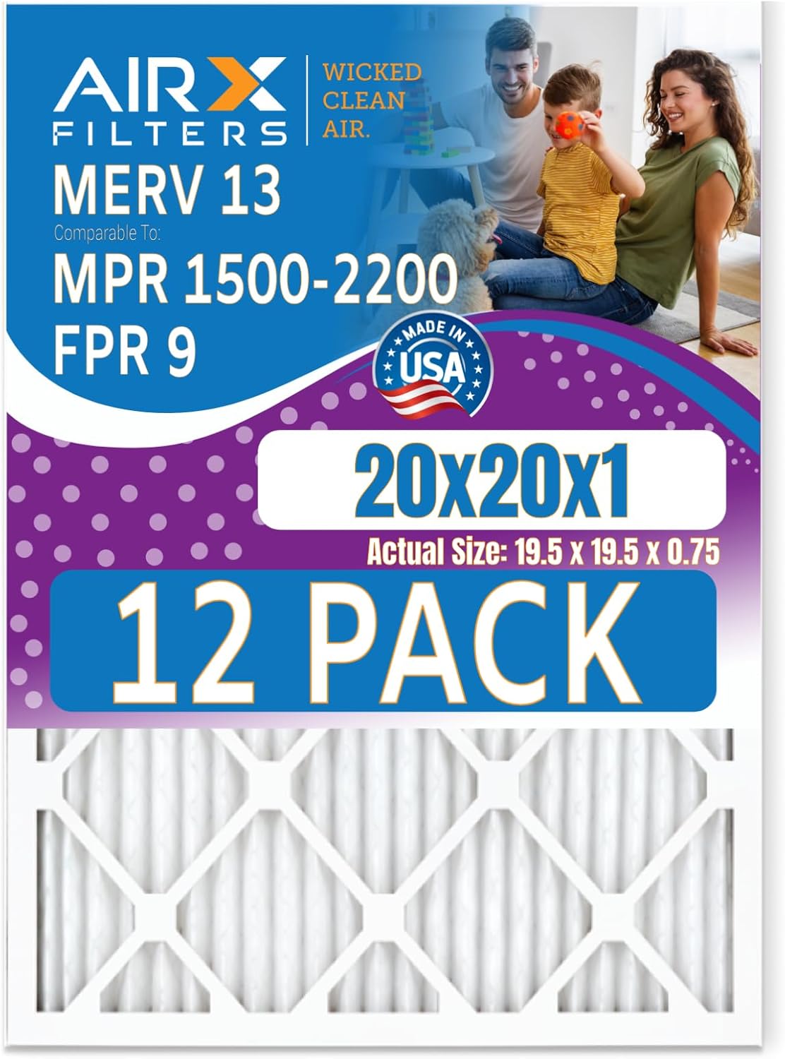 20x20x1 Air Filter MERV 13 Rating, 12 Pack of Furnace Filters Comparable to MPR 1500-2200 & FPR 9 - Made in USA by AIRX FILTERS WICKED CLEAN AIR.