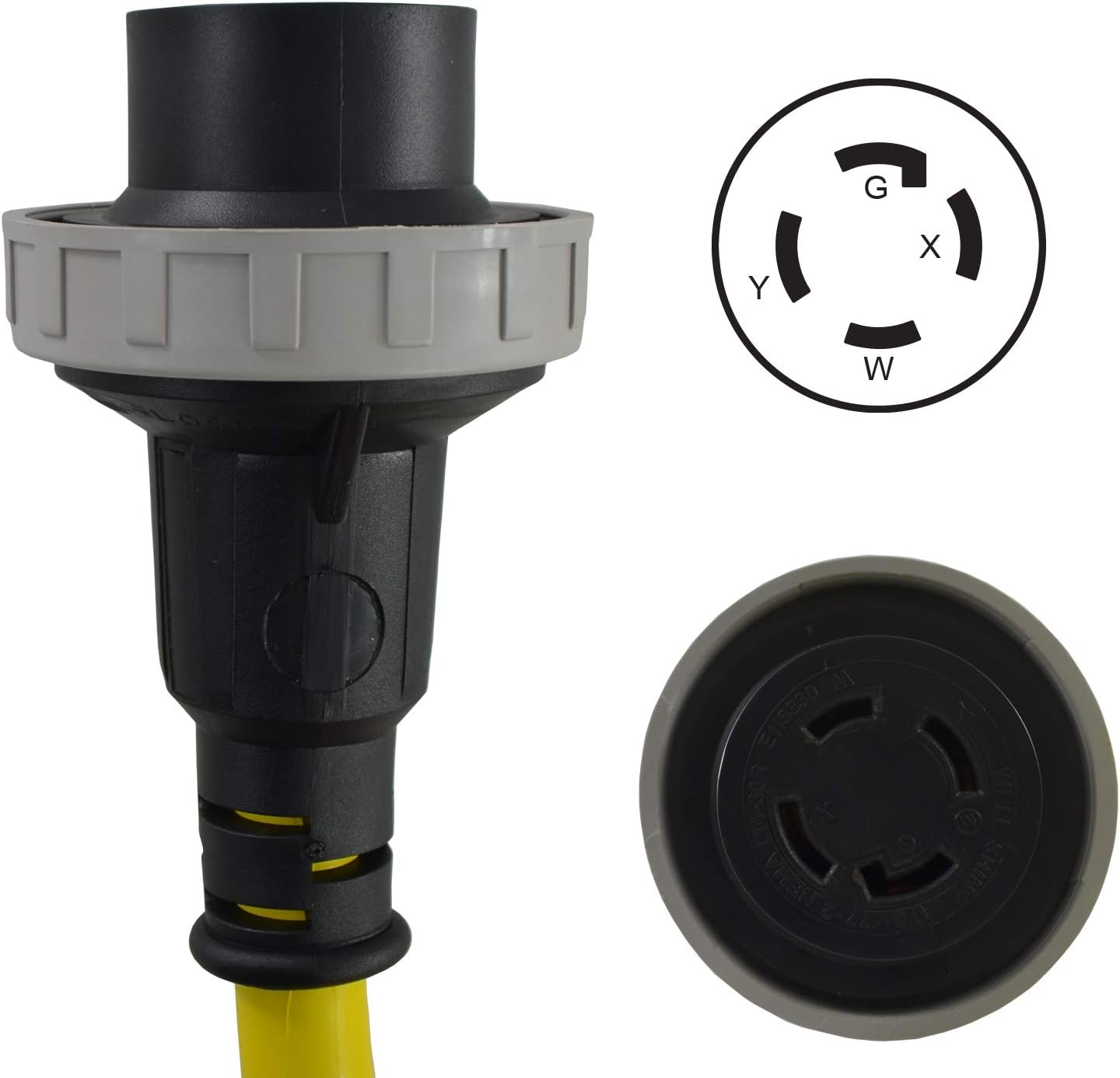 Conntek 25FT Duo-Rain Seal 30A 4-Prong L14-30 Transfer Switch Cord, Yellow, Male-to-Female, Compatible with Transfer Switches, Generators with NEMA L14-30 Outlets