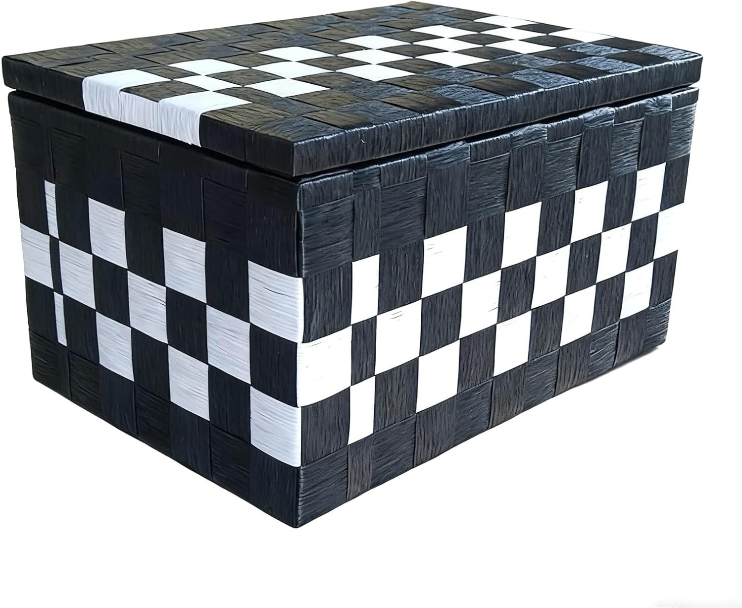 Hand Woven Storage box With lid Solid Wood Frame Stackable Decorative Organizer bin Multi Scenario use for Home Garage Camping Available in Various Patterns(Black Grid Code,50cm/20in)