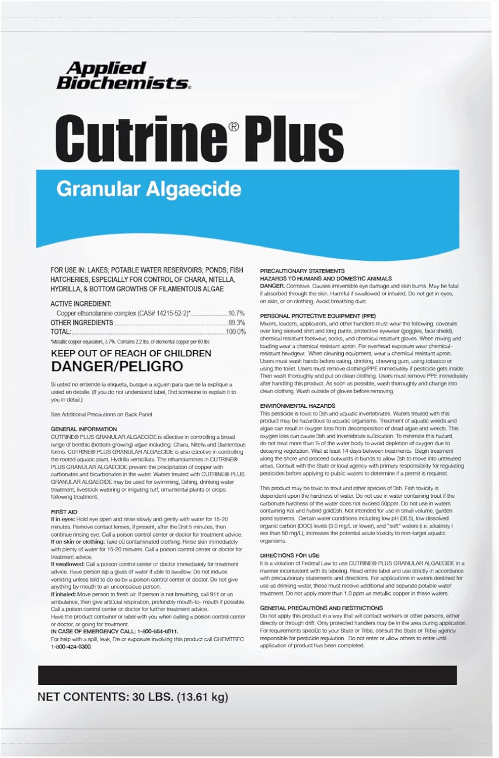 Cutrine-Plus Granular Algaecide 30 lbs EPA-Approved Copper-Based Treatment for Chara, Filamentous, and Planktonic Algae, Fast-Professional Level Algae Control