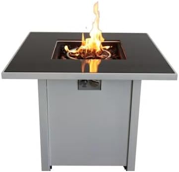 30 Inches White Metal Fire Pit with Powder-Coated Finish & Smoked Glass Top – Outdoor Patio Heating Solution, Elegant & Durable Design (1 Doors)