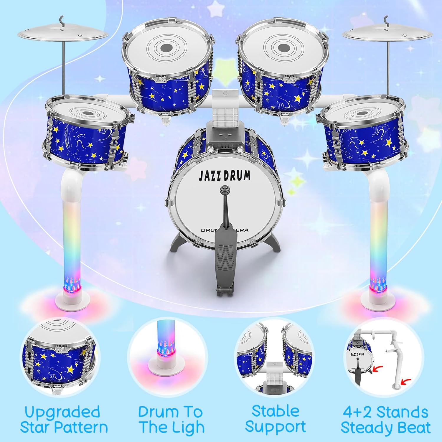 Upgraded Kids Drum Set Jazz Drums Kit with 5 Drums - Toddler Music Toys Learning Instruments Xmas Birthday Gifts for Toddlers 3 4 5 6 7 Boys Girls, Blue