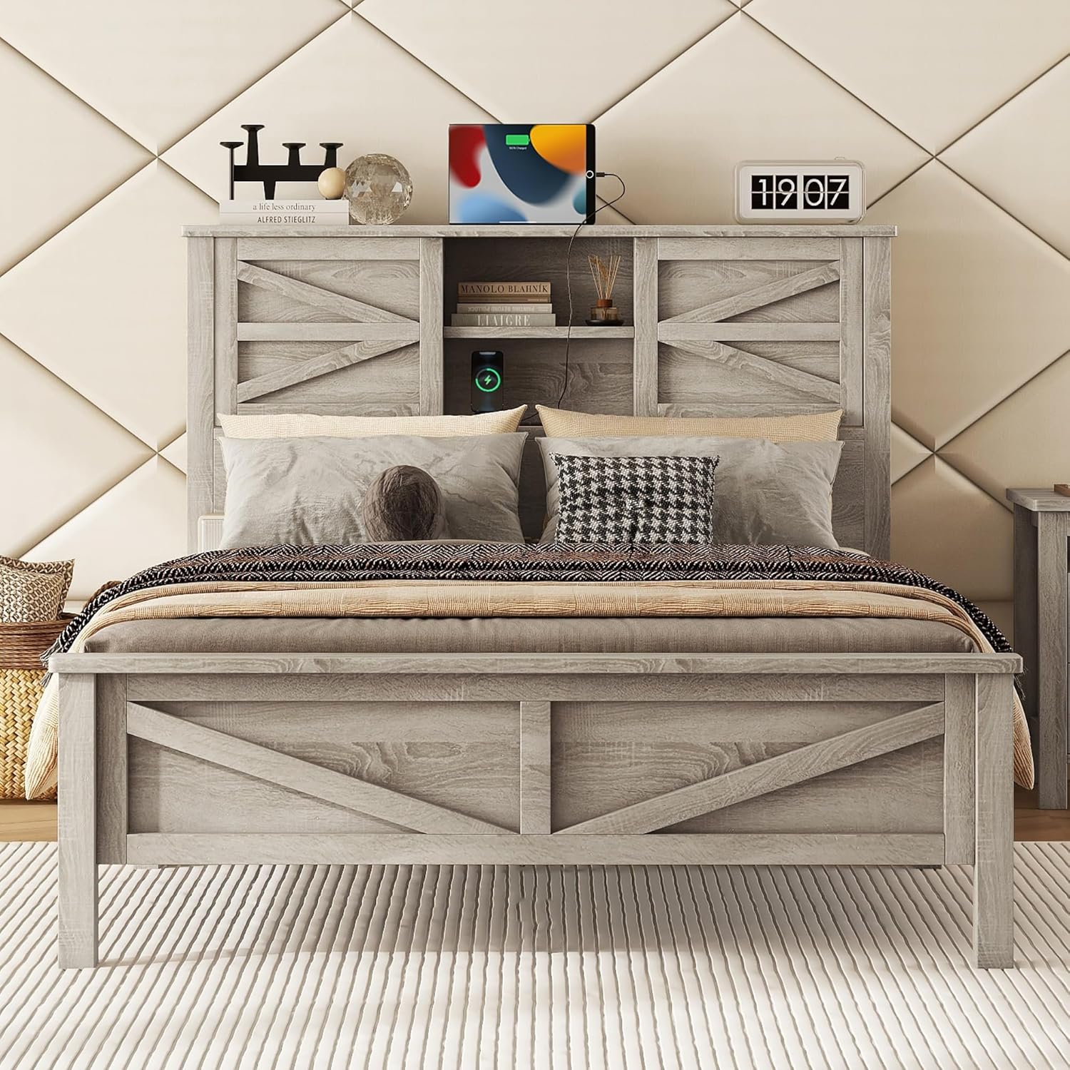 Farmhouse Bed Frame with Storage Headboard and Charging Station, Wood Queen Bed Frame with Sliding Doors, Farmhouse Platform Bed with USB Ports Antique Gray (Product H)