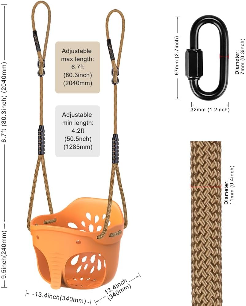 SELEWARE Toddler Swing Set Accessories, High Back Full Bucket Swing Seats with Adjustable Rope and 4 Locking Carabiners, Cute Elephant Shape Design 600LB Capacity (2 Pack)