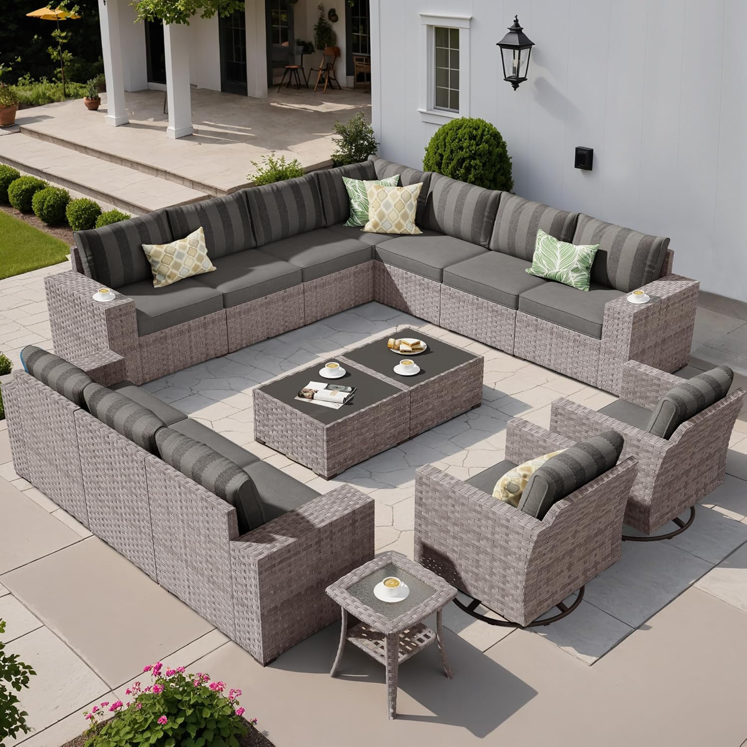 15 PCS Widen Armrest Patio Coversation Set with Swivel Rocking Chair, Outdoor Furniture Modular Couch with Coffee Table, Rattan Wicker Sectional Sofa for Porch Balcony Backyard, Grey Stripe