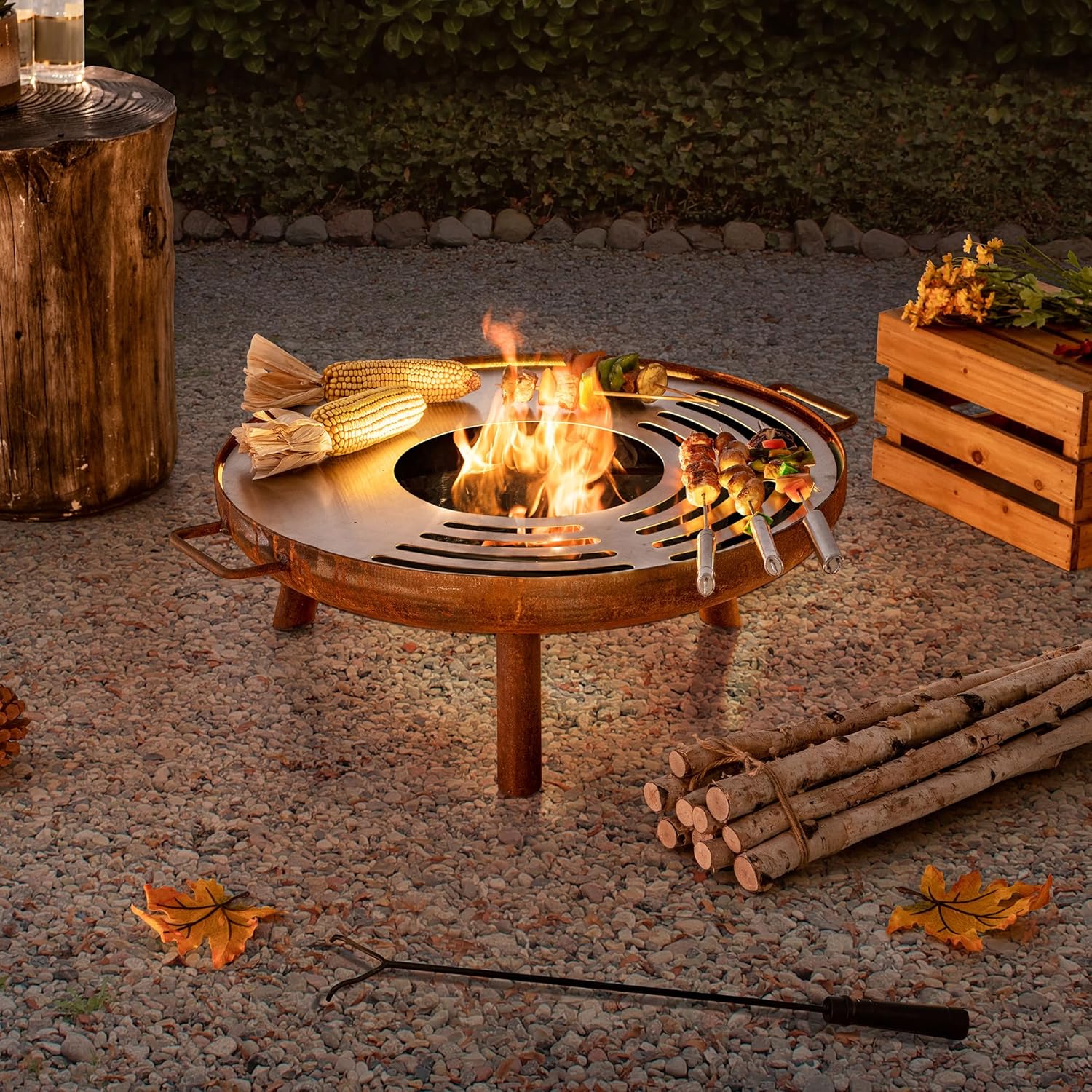 Sunjoy 28 in. Fire Pit Outdoor Steel Rusic Firepit Patio Wood Burning Fire Pits with Stainless Steel Baking Sheet and Fire Poker