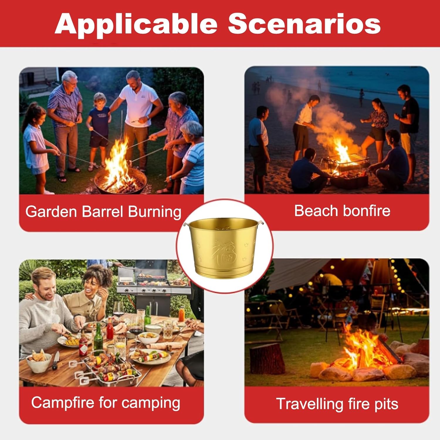 Domestic Burning Barrel, Metal Burning Barrel, Fire Pit, Incinerator with Grid and Fire Hook, 28cm/11in Wide, Easy to Use, Suitable for Burning Paper, Leaves, Rubbish, Wood(Red)