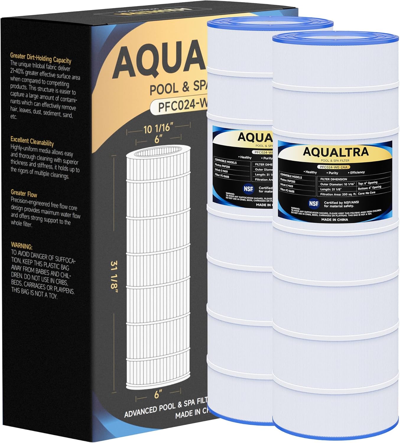 AQUALTRA Pool Filter Compatible with CC200, C-9419, PAP200, R173217, FC-0688, 200 sq. ft., 31 1/8
