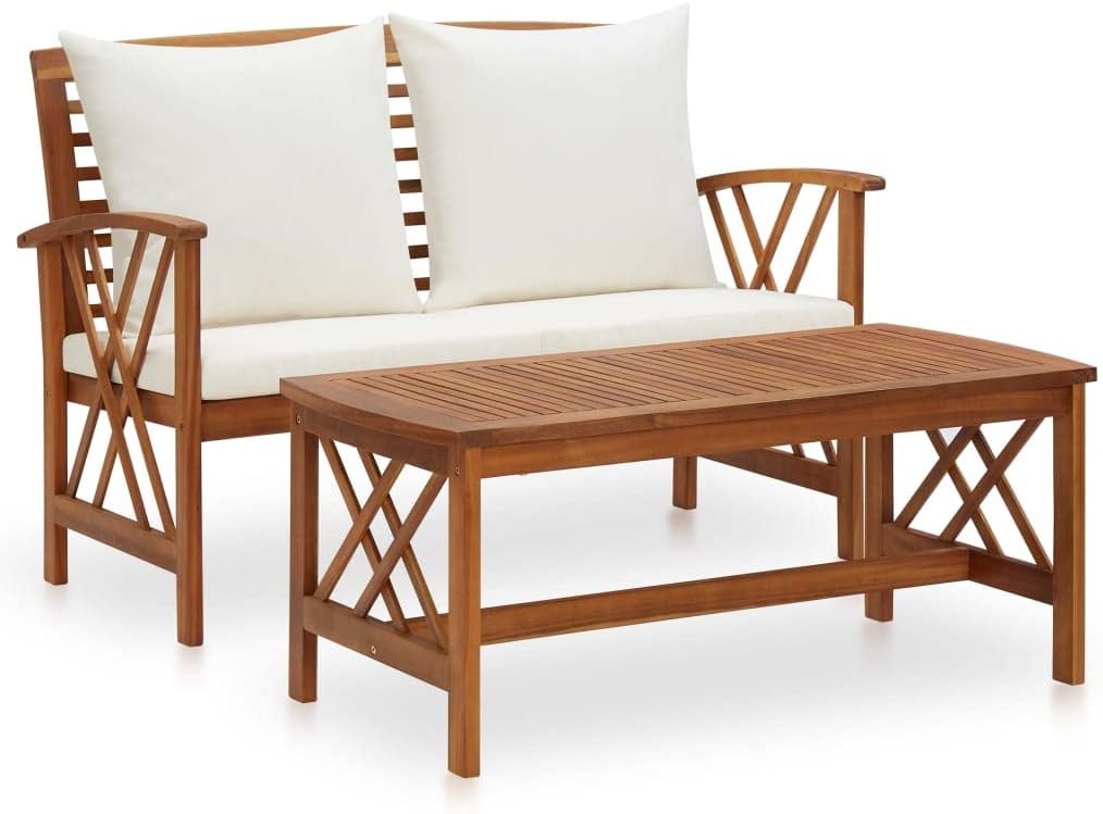 2 Piece Patio Lounge Set with Cushions Solid Acacia Wood,Vintage Outdoor Lounge Set: Solid Acacia Wood Bench and Coffee Table with Cream White Cushions Patio Furniture, Outdoor Furniture Sets