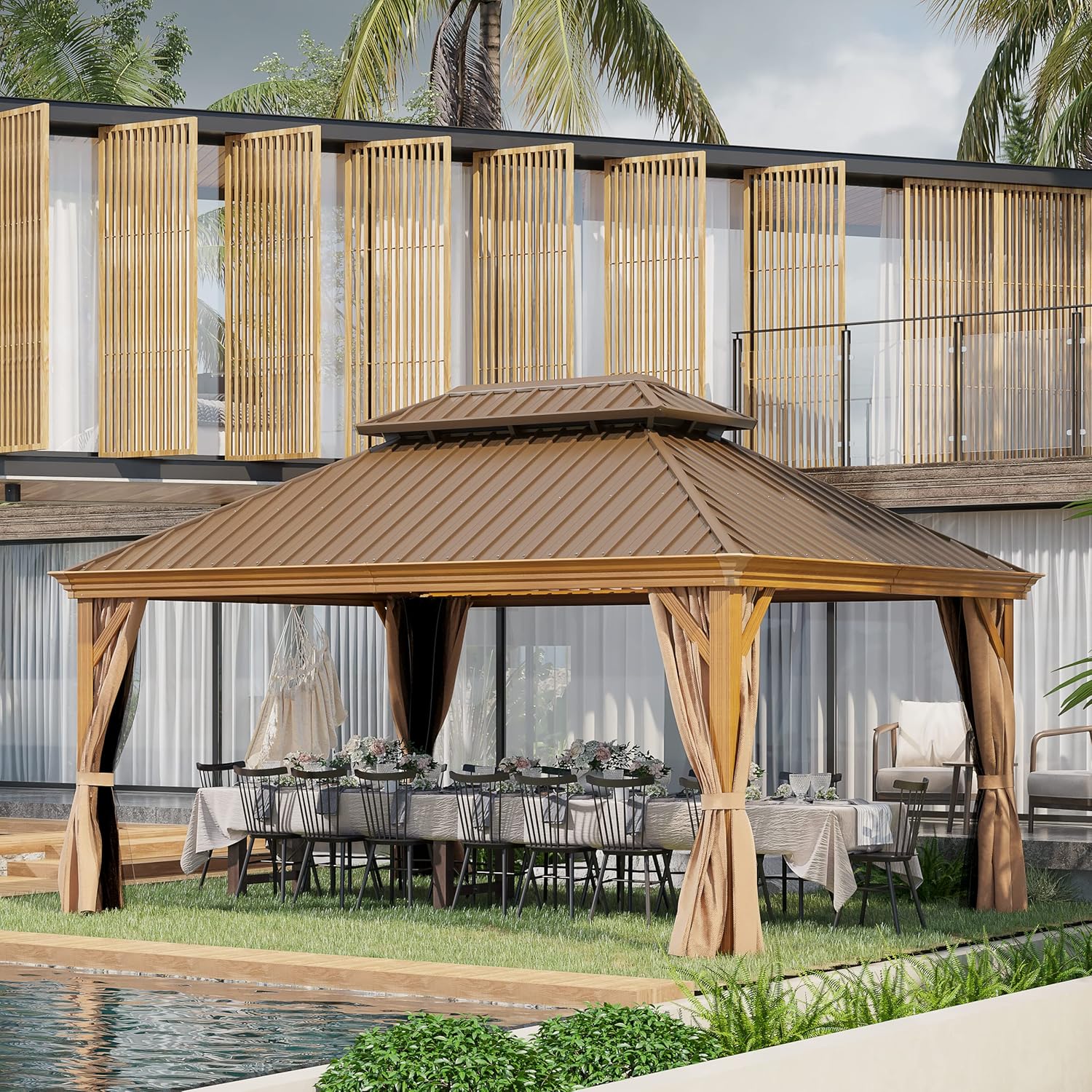 12'x16' Hardtop Gazebo, Outdoor Aluminum Patio Gazebo Double Roof Galvanized Steel Canopy Wooden Finish Coated with Netting and Curtains for Garden, Backyard, Deck and Lawns.