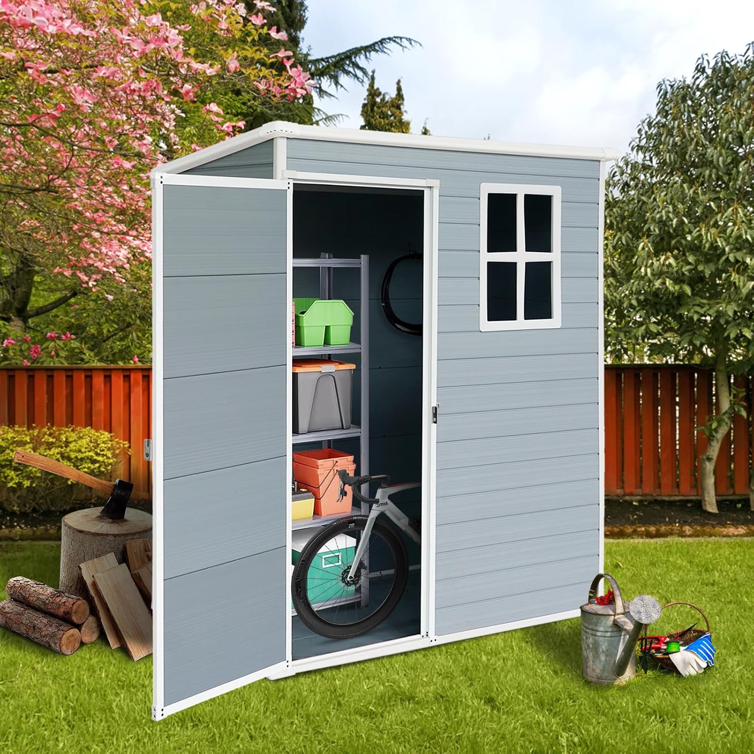 5' x 3' Outdoor Storage Shed, Resin Garden Shed with Windows, Lockable Door and Vents, Plastic Tool Storage for Patio Furniture, Lawnmower and Bike Storage, All Weather Use (5' x 3')