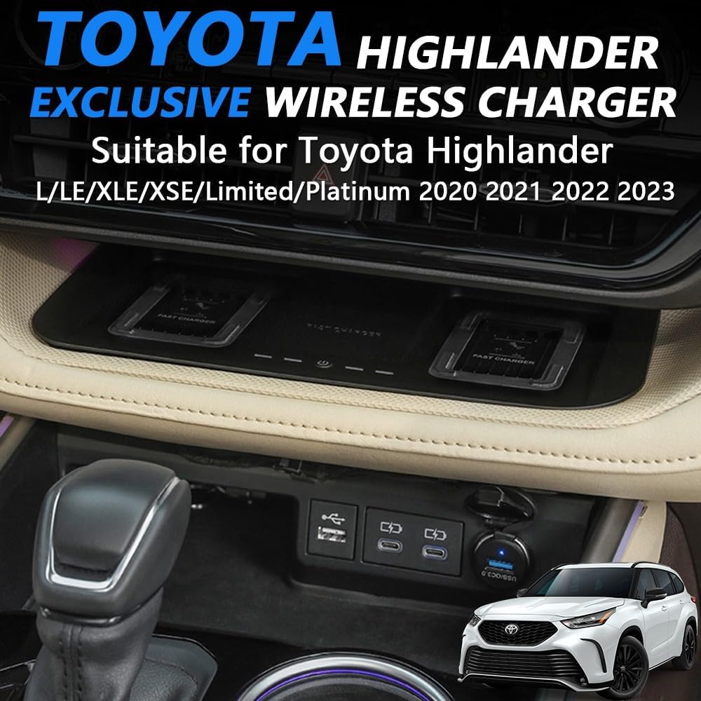 2023 Upgrades Wireless Car Charger for Toyota Highlander Accessories 2023 2022 2021 2020, OEM Style Phone Dual Charging Pad for Toyota Highlander L/LE/XLE/XSE/Limited/Platinum Car Interior