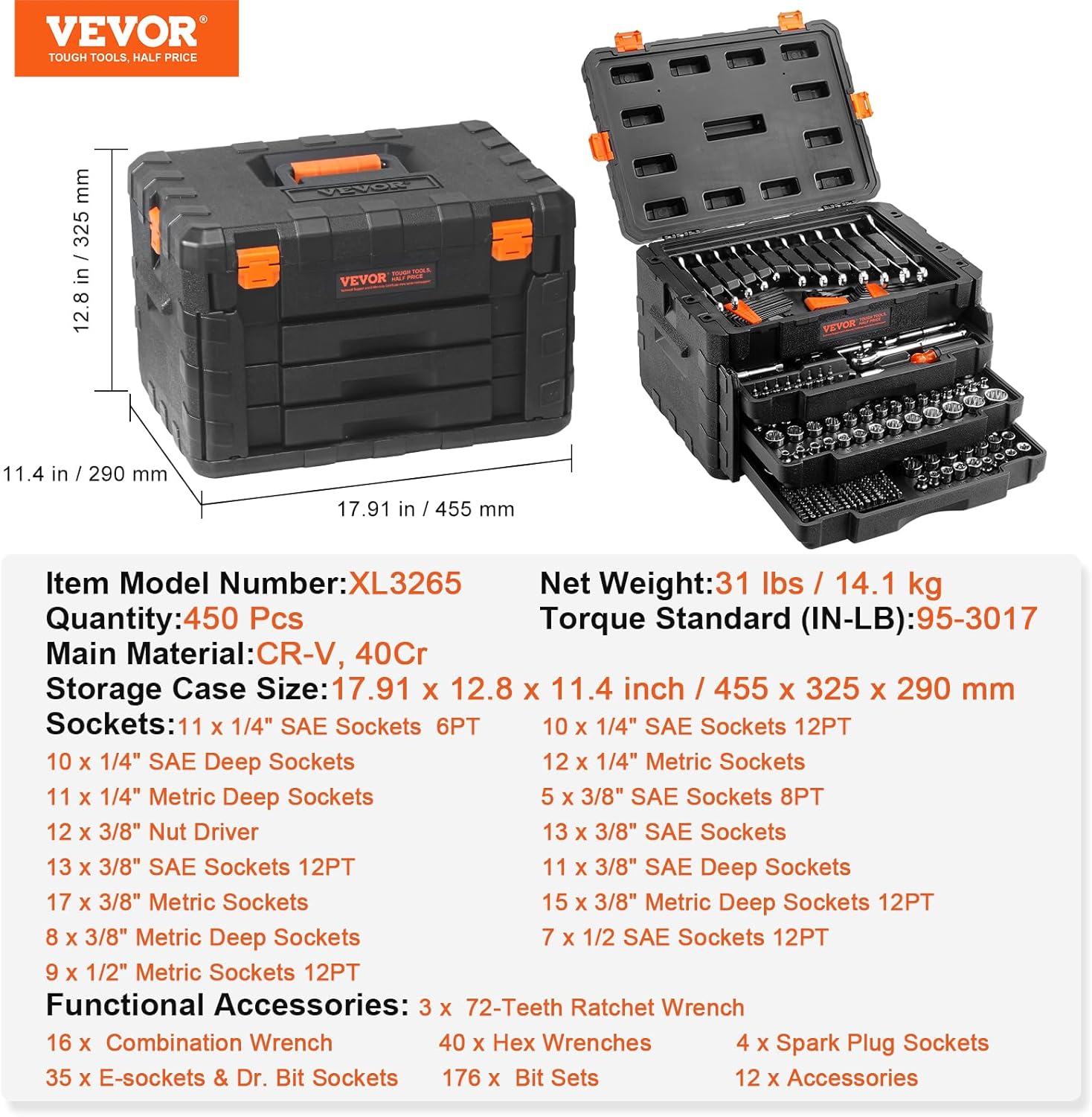 VEVOR Mechanics Tool Set and Socket Set, 1/4