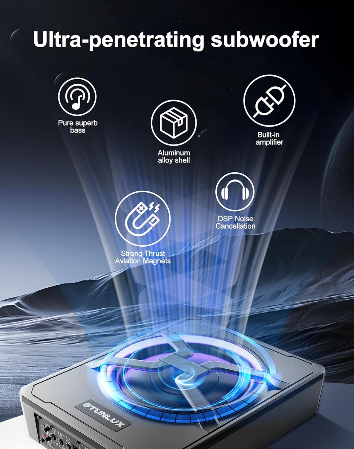 800W Slim Under Seat Powered Car Subwoofer Kit with Colorful LED Light,High/Low Level Input, Built-In Amplifier, And Car/Truck Audio System for Ultimate Sound Performance – Subwoofer and Amp Package