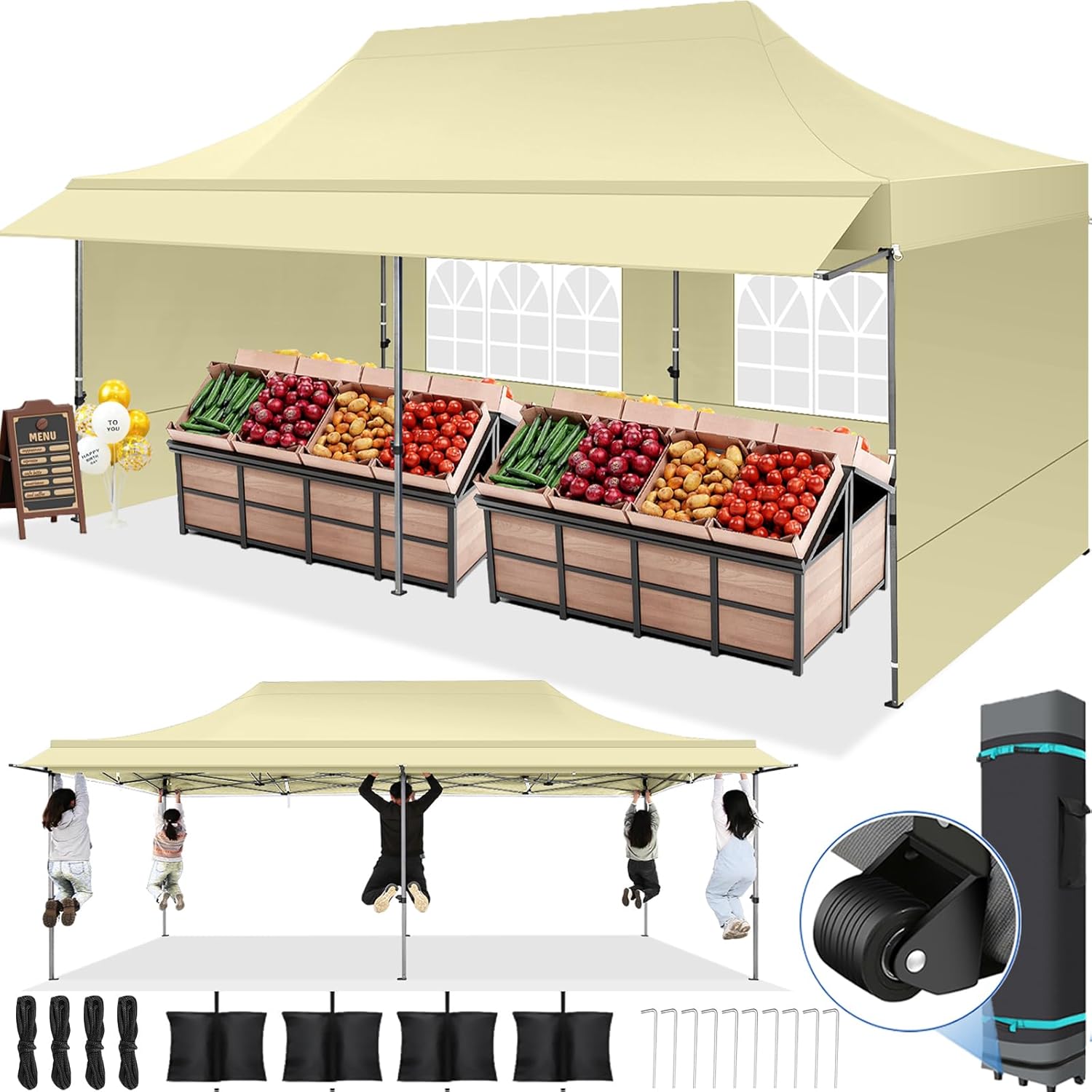 COBIZI 10x20 Pop Up Canopy Tent Heavy Duty with Awning, Outdoor Commercial Canopy with Sidewalls, Waterproof UPF 50+ All Season, Vendor Tent for Market and Party, Khaki