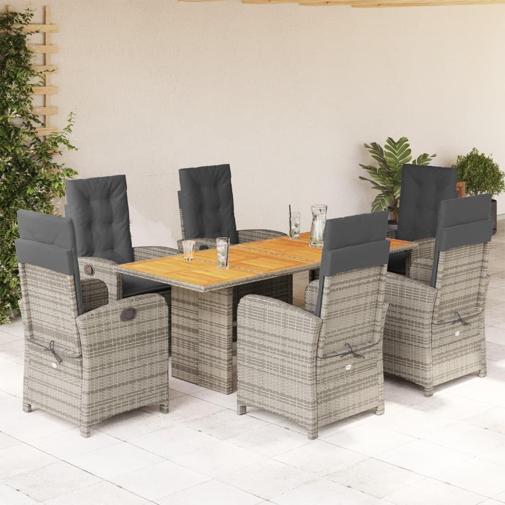 7 Piece Patio Dining Set with Cushions Gray Poly Rattan Garden Furniture