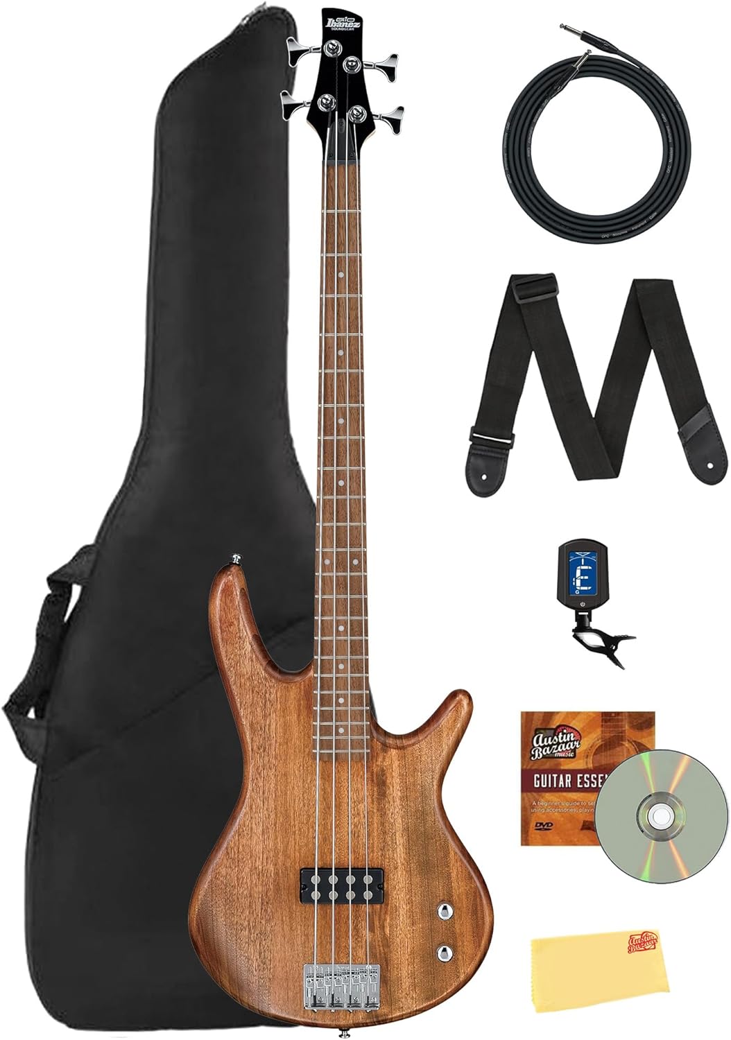 Ibanez GSR100EX SR GIO Bass Guitar - Mahogany Oil Bundle with Gig Bag, Tuner, Strap, Instrument Cable, Austin Bazaar Instructional DVD, and Polishing Cloth
