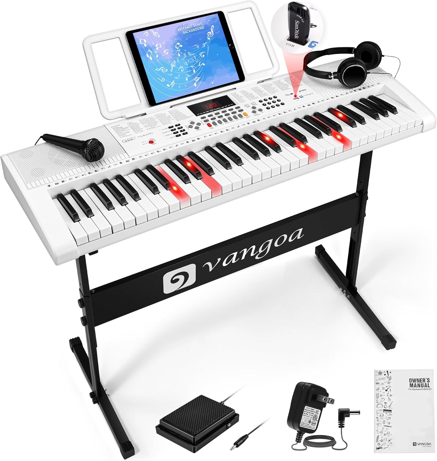 Vangoa Keyboard Piano 61 Key, Full Size Electric Piano Keyboard Light UP Keys with 3 Teaching Modes, Learning Music Keyboard Piano with Stand Headphones for Beginners Students, VGK6101 White