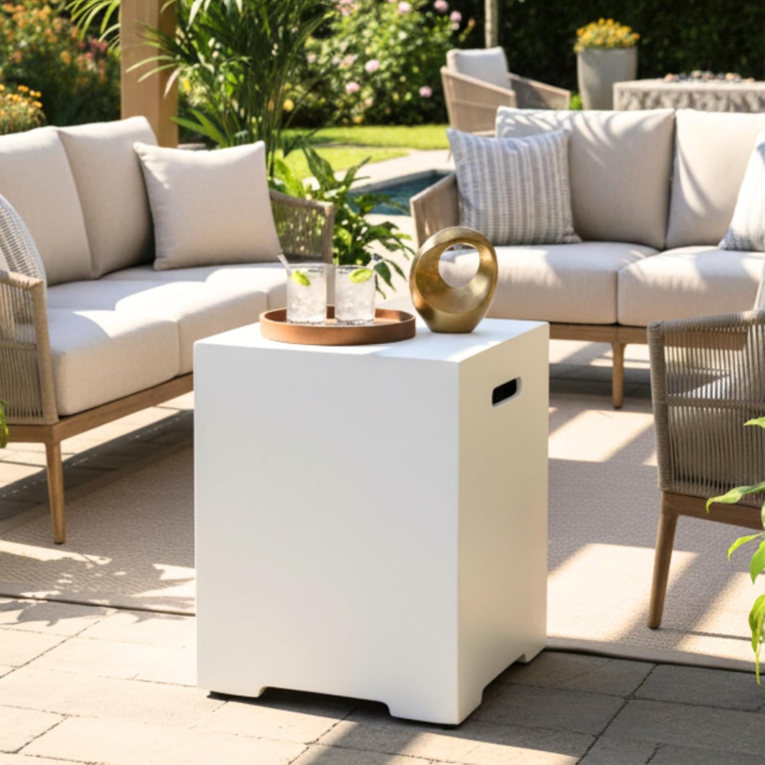 Propane Tank Cover 16 Inch, 20 LB Outdoor Tank Storage Hideaway Table for Gas Fire Pits, Concrete Tank Holder (Ancient White)