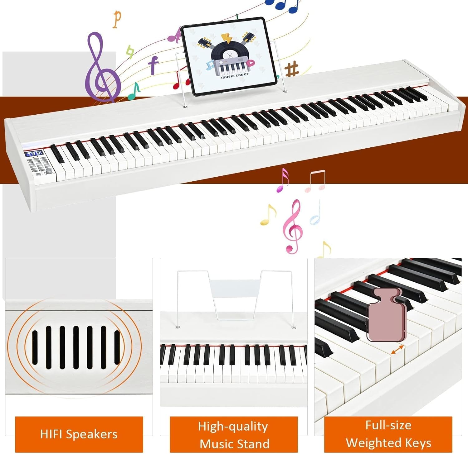 Safeplus Digital Piano 88 Key Full Size Weighted Keyboard, Electric Piano Portable with Sustain Pedal Power, Supply for Beginner Adults Practice (White)