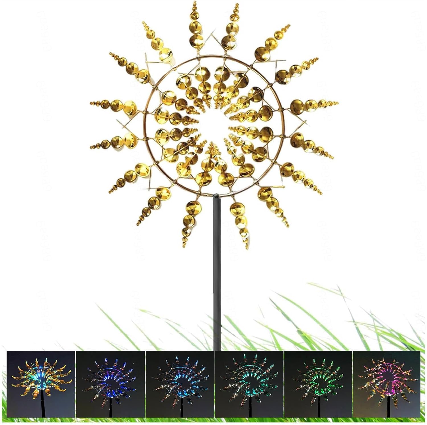 Solar Magical Windmill, Wind Mills-Metal Yard Spinners 360° Metal Windmill, 13.4 x 71in Windspinner,Gold