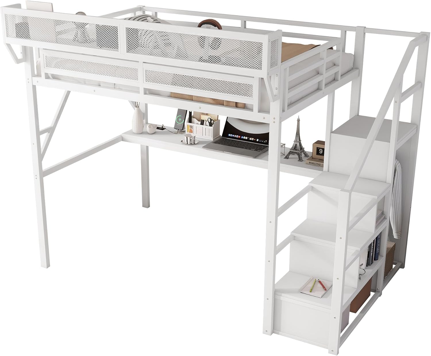 Full Loft Bed with Desk and Charging Station, Full Size Metal Loft Bed with Stairs and Light for Kids Teens, Black, Patent Products (White)