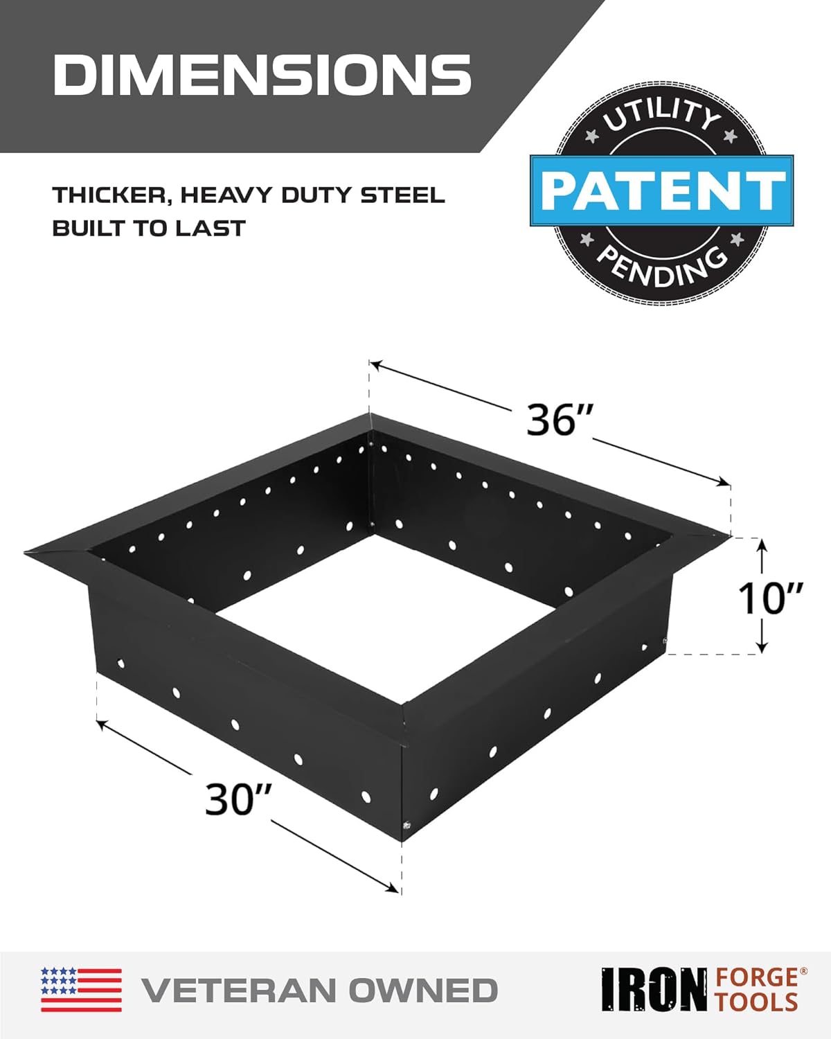 Iron Forge Tools Square Fire Pit Ring 36 Inch Outer/30 Inch Inner - Outdoor Heavy Duty Metal Smokeless Fire Ring Insert Liner - Patent Pending (36x30x10)