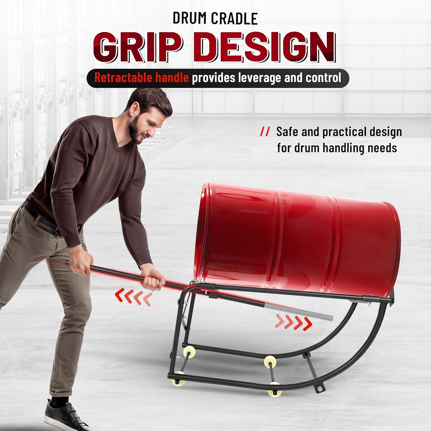 KUAFU 55 Gallon Drum Cradle 600lbs Drums Dolly Cart Drum Dispensing Stand Black 4 Wheel Powder Coated Steel