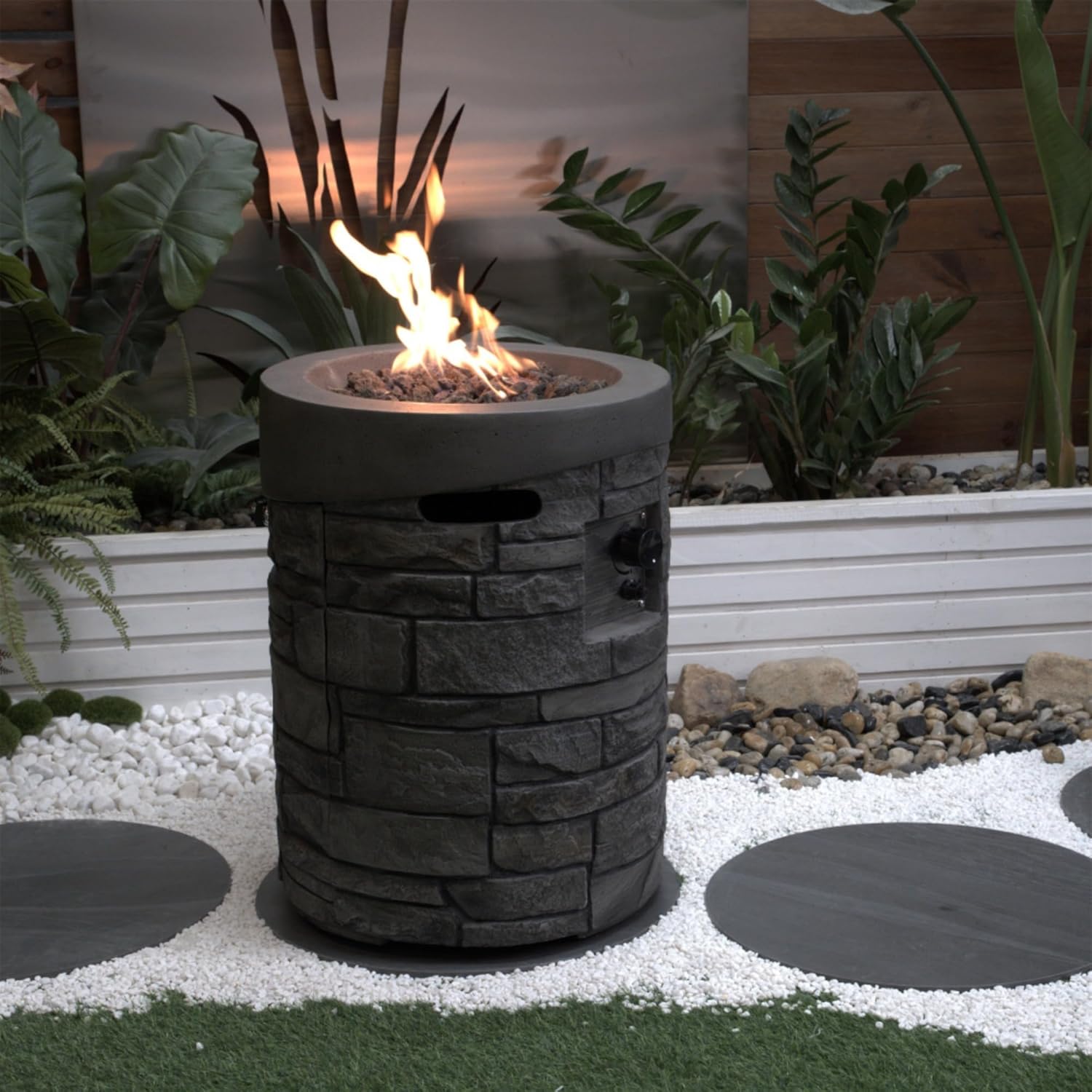 32000 BTU Round Outdoor Gas Fire Pit with Lava Stones, Rainproof Cover - Magnesium Oxide Cultured Stone Finish - 19.7