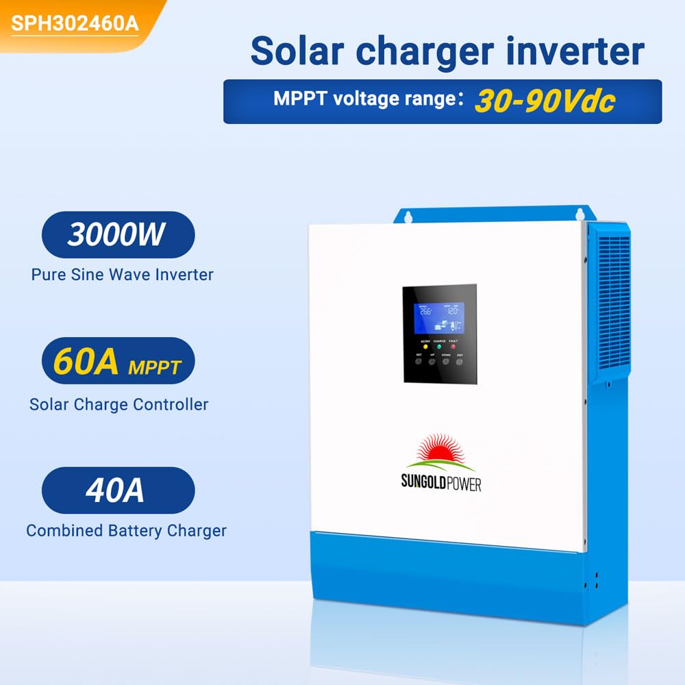 3000W DC 24V Solar Inverter with 60A MPPT Solar Charger (MPPT Voltage Range 30-90Vdc), 40A AC Battery Charger,120V AC Output All in One Pure Sine Wave Inverter Manufactured by SunGoldPowerCo.,Ltd
