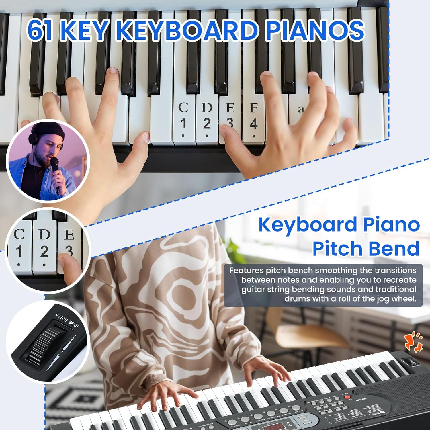 61-Key Lighted Keyboard Piano for Beginners, Electric Keyboard with Pitch Bend & Built-In Speakers, Teaching Mode, Portable Piano Set with Stand, Bench & Microphone