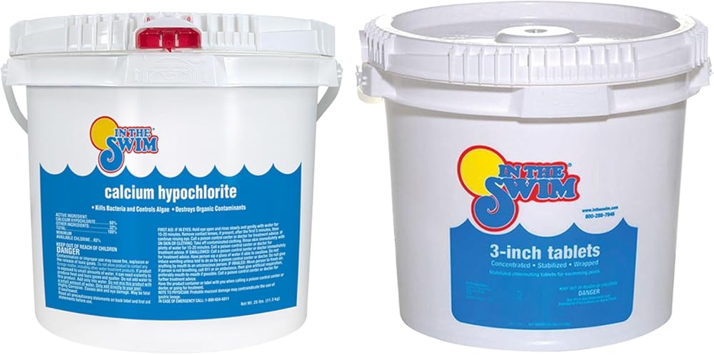In The Swim Chlorine and Shock Bundle for Sanitizing Swimming Pools – Includes 25 Pound Bucket of 3 Inch Stabilized Chlorine Tablets and 25 Pound Bucket of 68% Cal-Hypo Pool Shock