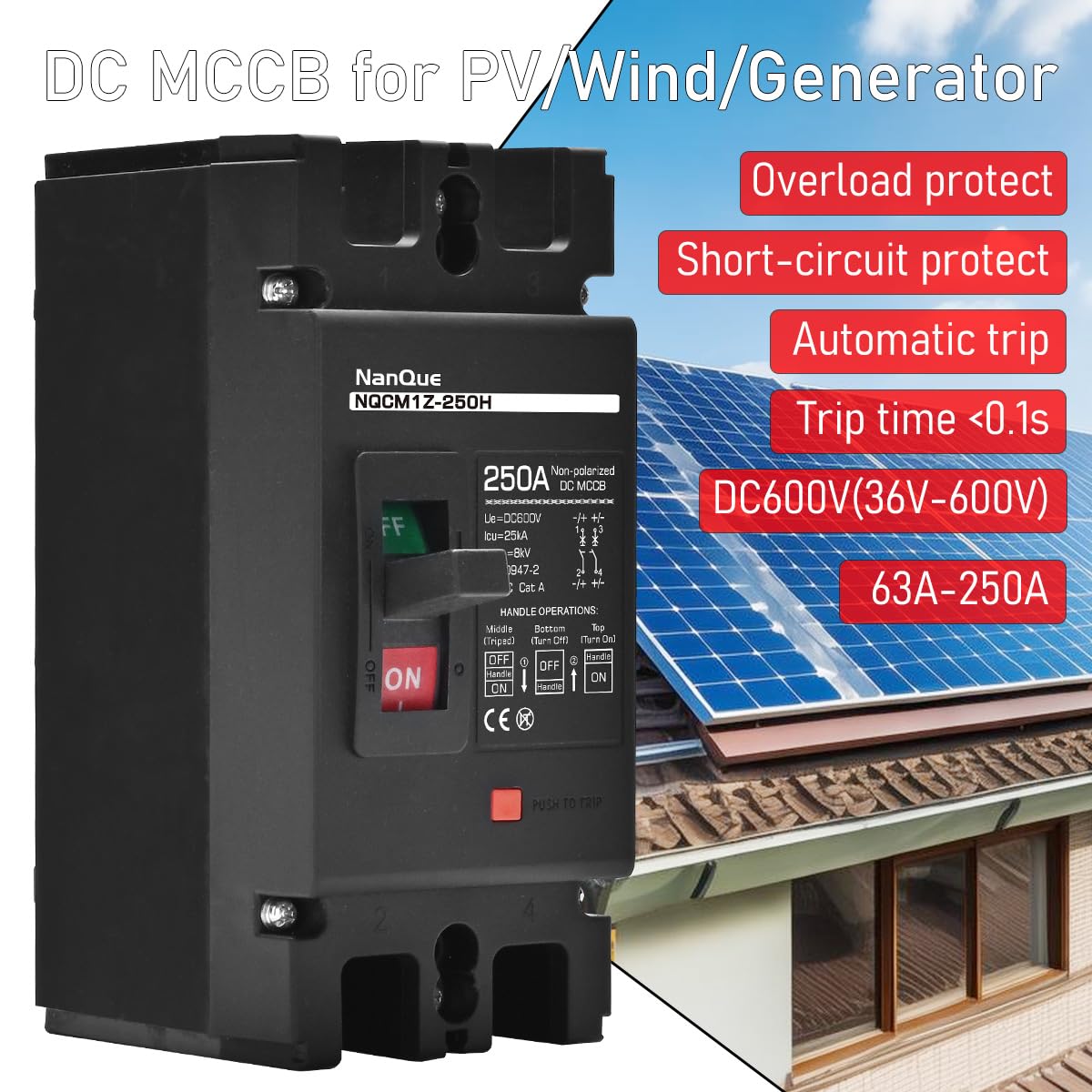 NanQue DC Solar Panel Circuit Breaker PV System Disconnect Switch and Protector 60-250 Amp 36-600 Voltage Automatic Cut Off Circuit 2 Poles Non-Polarized 25kA Recycle Use Fuse Siver Contactor (250A)