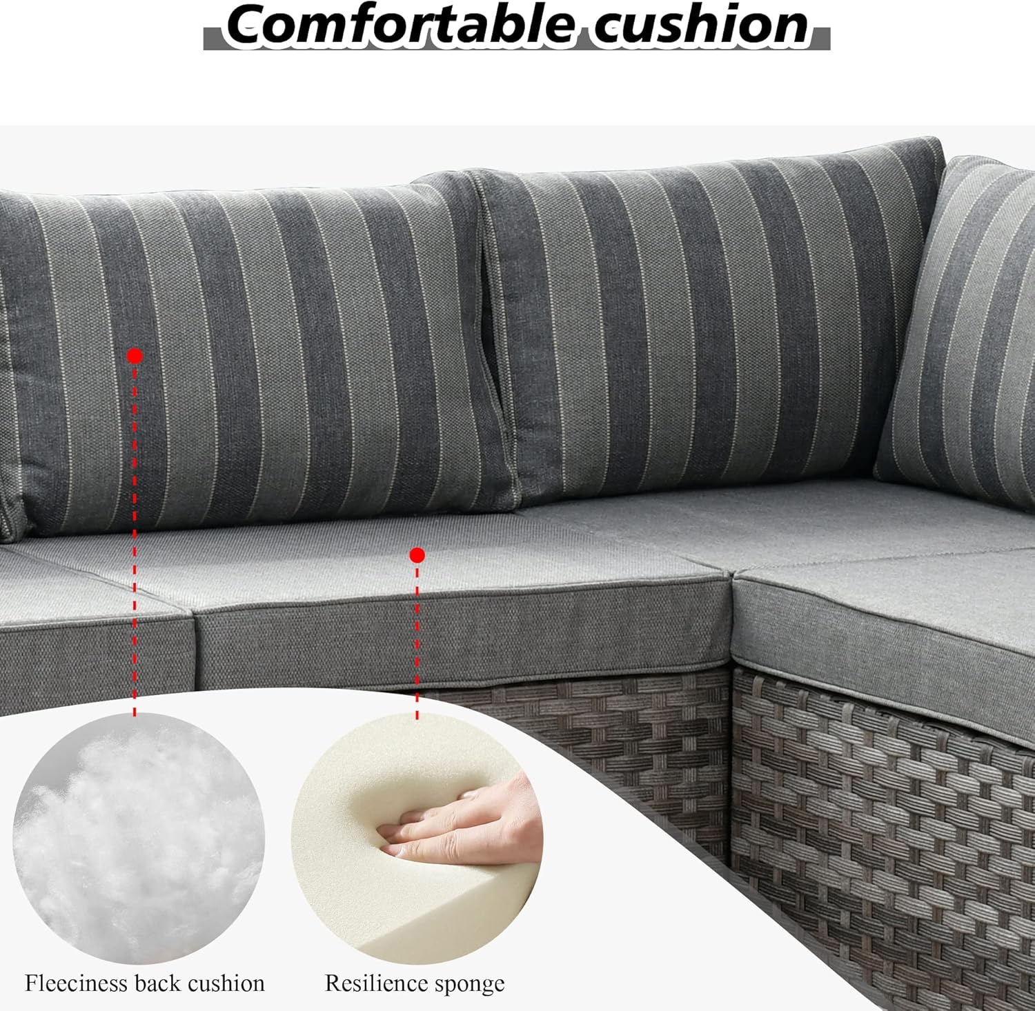 HOOOWOOO Outdoor Patio Sectional Furniture Sofa Set with Propane Gas Fire Pit Table,7 Piece Small Modern Wicker Couch with Widened Armrest,Modular Conversation Seating Set for Out Door(Grey Strips)