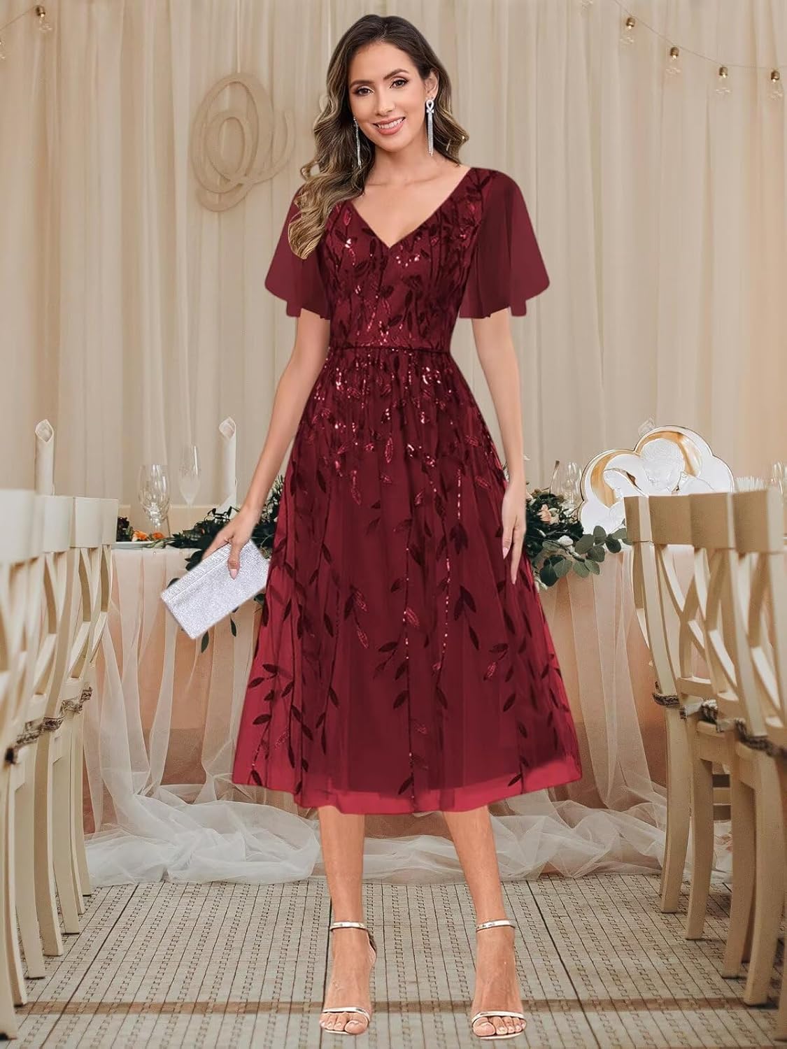 BANTRATIC Women's Mother of The Bride Dress Sequins Tulle Formal Wedding Guest Dresses Elegant Tea Length Evening Prom Gown