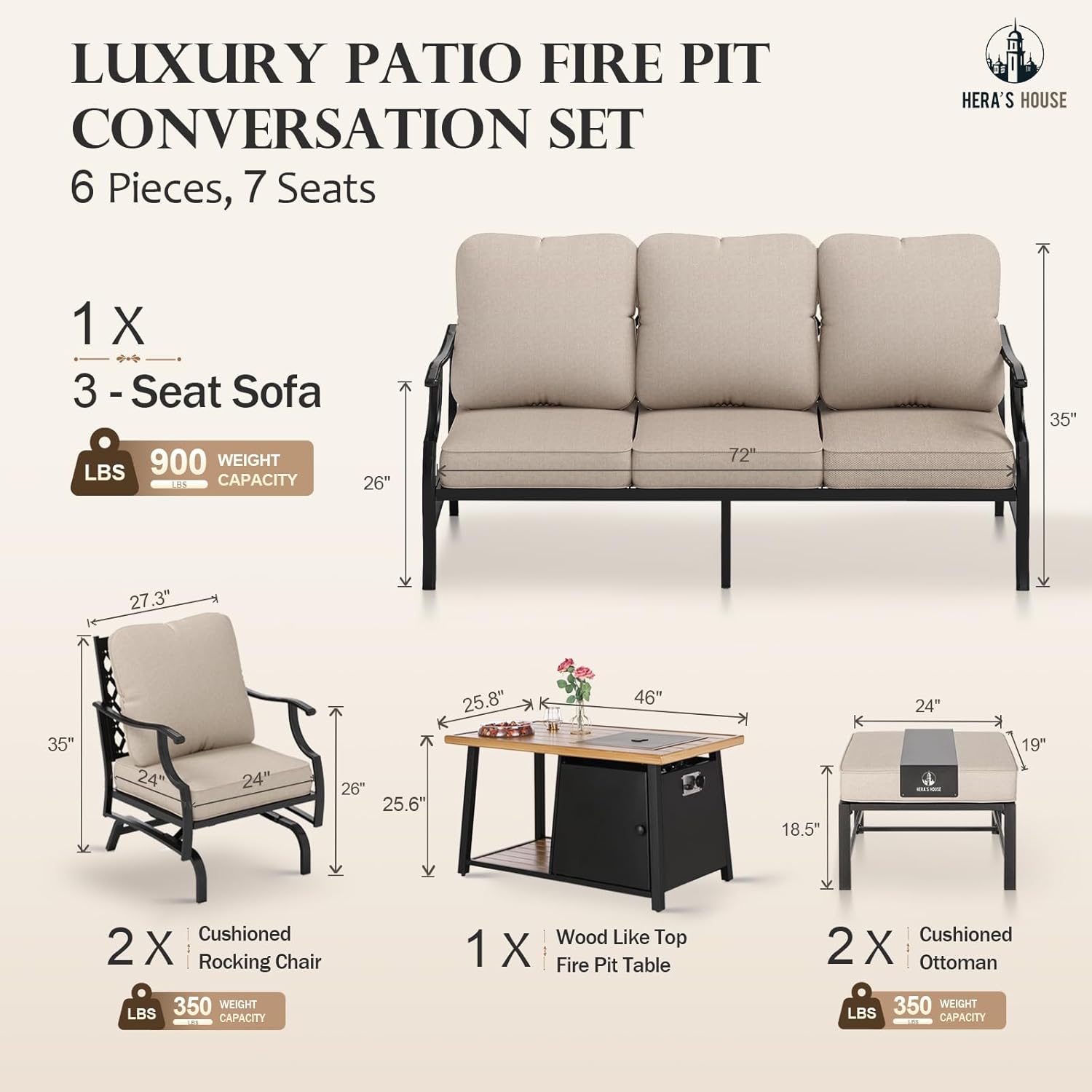 HERA'S HOUSE 6 Pieces Patio Furniture Set with Fire Pit Table, 2 x Rocking Chair, 2 x Ottoman, 3-Seat Sofa with 46