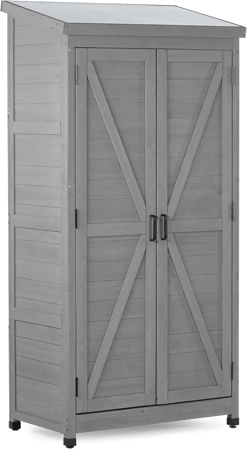 68 Inches Outdoor Storage Cabinet and Metal Top,Garden Shed,Outdoor Wood Tall Shed for Yard Patio，Outdoor Wooden with Top Vertical Tool Backyard Garden Patio Lawn (Gray)