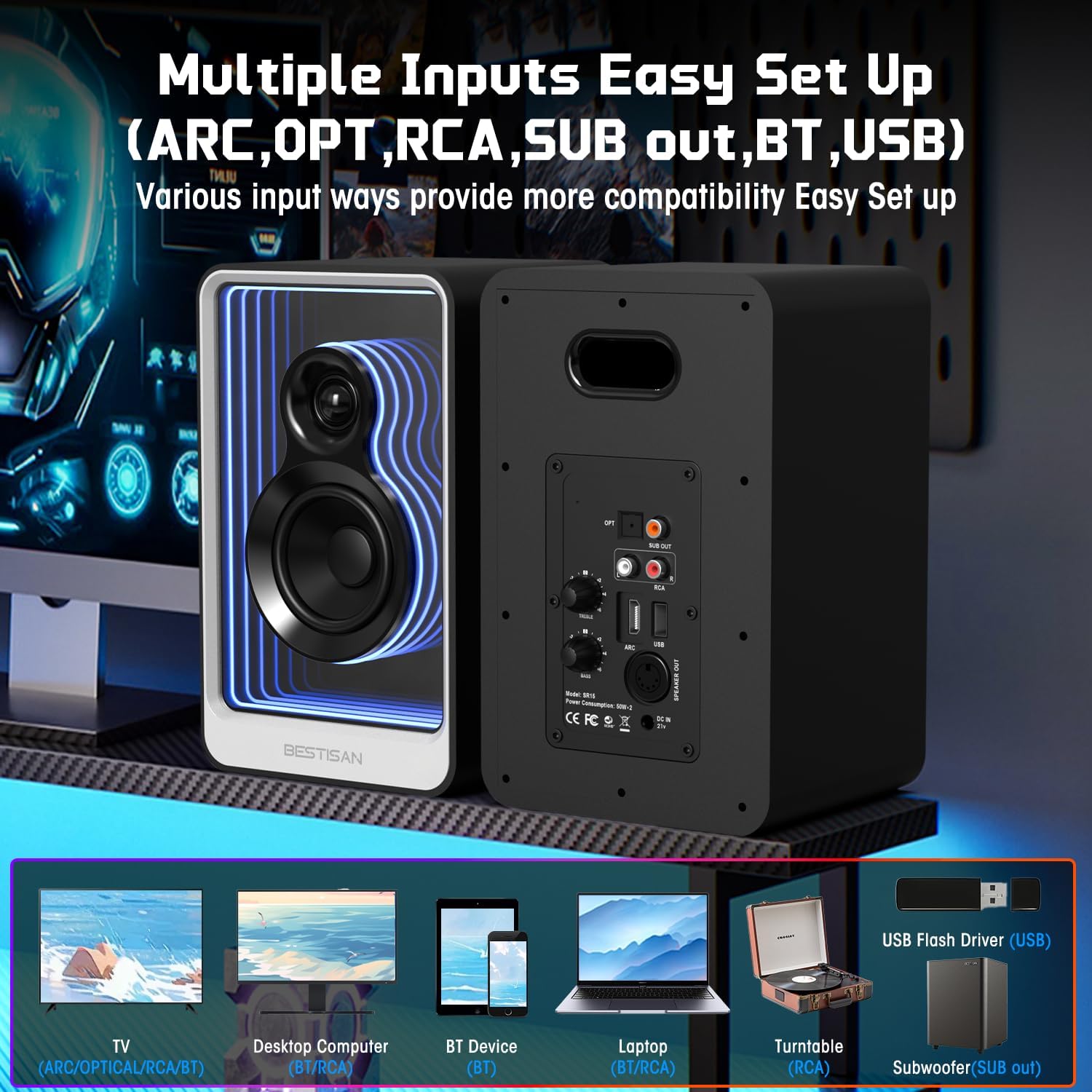 BESTISAN 50W*2 Active Bookshelf Speakers with Dynamic Light Effect, 3
