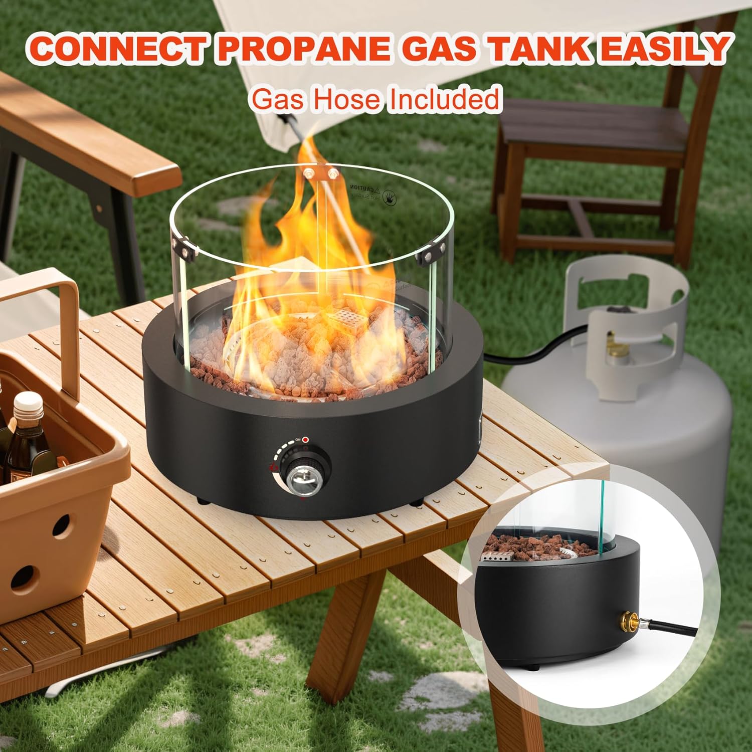 ONLYFIRE OUTDOOR LIVING Tabletop Propane Gas Fire Pit Side-Mounted, Portable Smokeless Gas Firepit with Glass Wind Guard & Lava Rocks for Patio Backyard Camping Bonfire RV Tailgating, Round FP038
