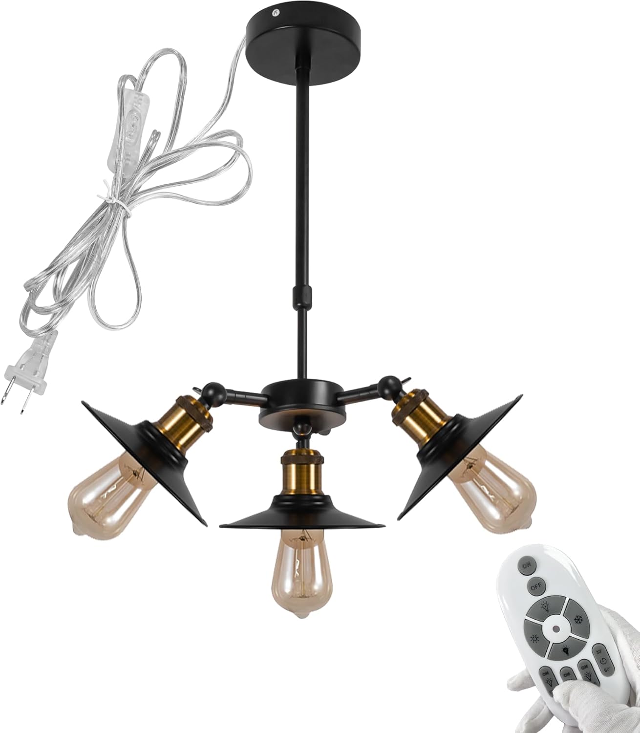 3-Heads Farmhouse Candle Lamp Adjustable Height Telescoping Rod 15ft Plug-in Cord by Remote, Smart Edison Bulbs Iron Mini Island Light for Sloping Roof Dining Staircase NO Wiring Needed