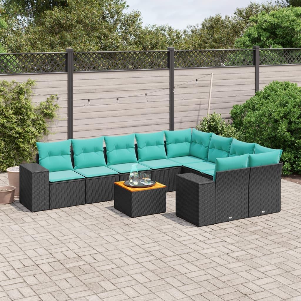 10 Piece Patio Sofa Set, Black Poly Rattan Outdoor Sectional Furniture with Cushions, Modular Garden Seating for Backyard Terrace, UV-Proof