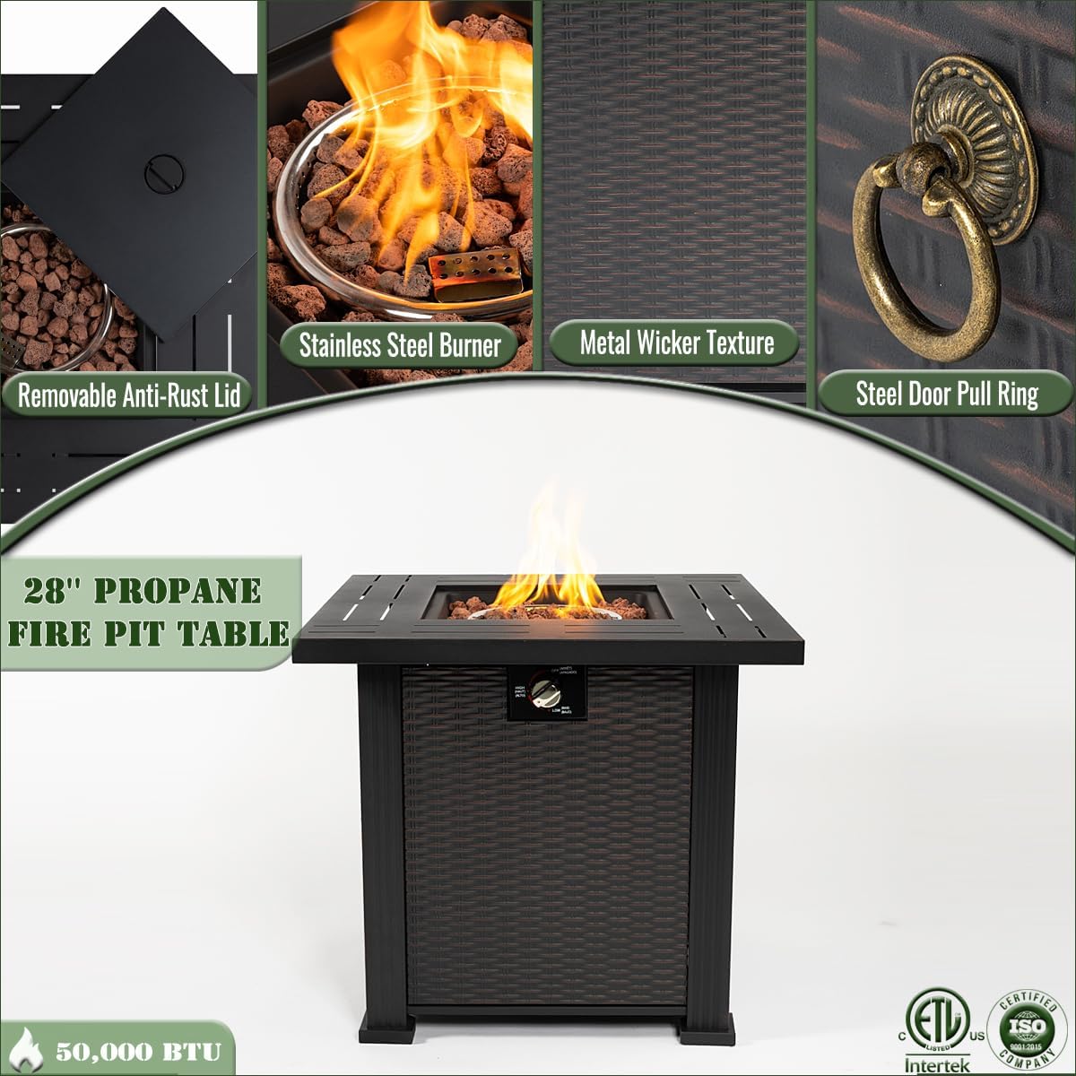 28 Inch Propane Gas Fire Pit Table, 50000 BTU Square Steel Fire Pit with Lid and Lava Rock for Patio, Deck, Garden, Backyard, Black