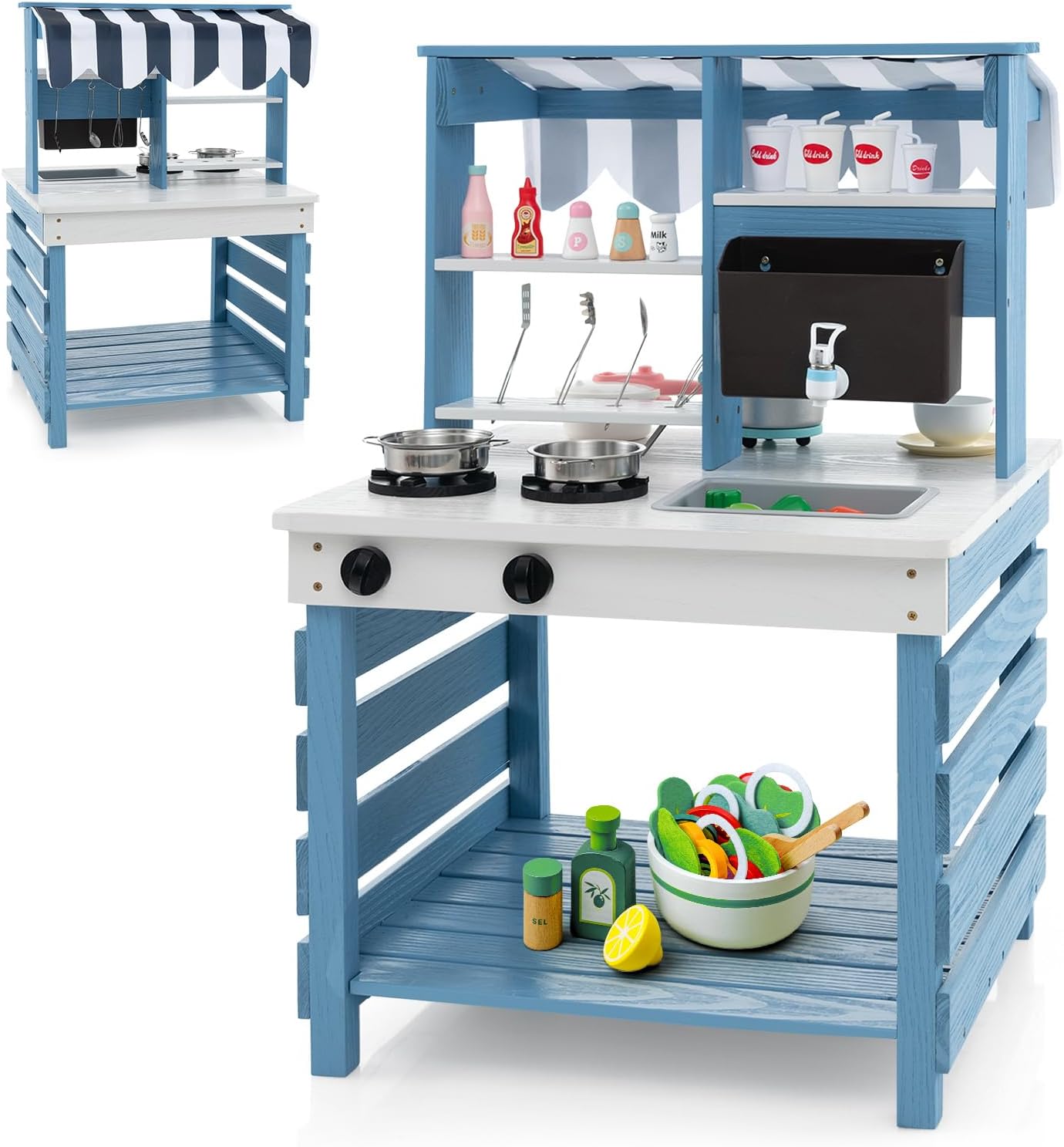 Costzon 2 in 1 Mud Kitchen, Double-Sided Fir Wood Kids Kitchen Playset & Pretend Grocery Store with Stoves, Sink, Running Water Box, Accessories, Mud Table, Outdoor Play Kitchen for Boys Girls