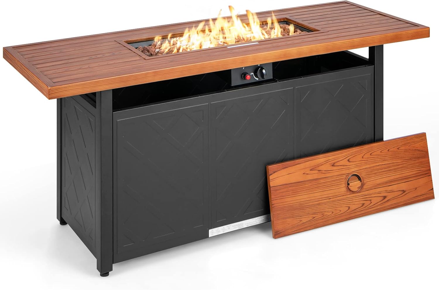 Giantex Propane Fire Pit Table 57-Inch - 50,000 BTU Gas Fire Pits for Outside Patio, Auto-Ignition, Heat Resistance Tabletop, Lid, Lava Rocks, Firepit for Outdoor Rectangular Fire Table (Brown)