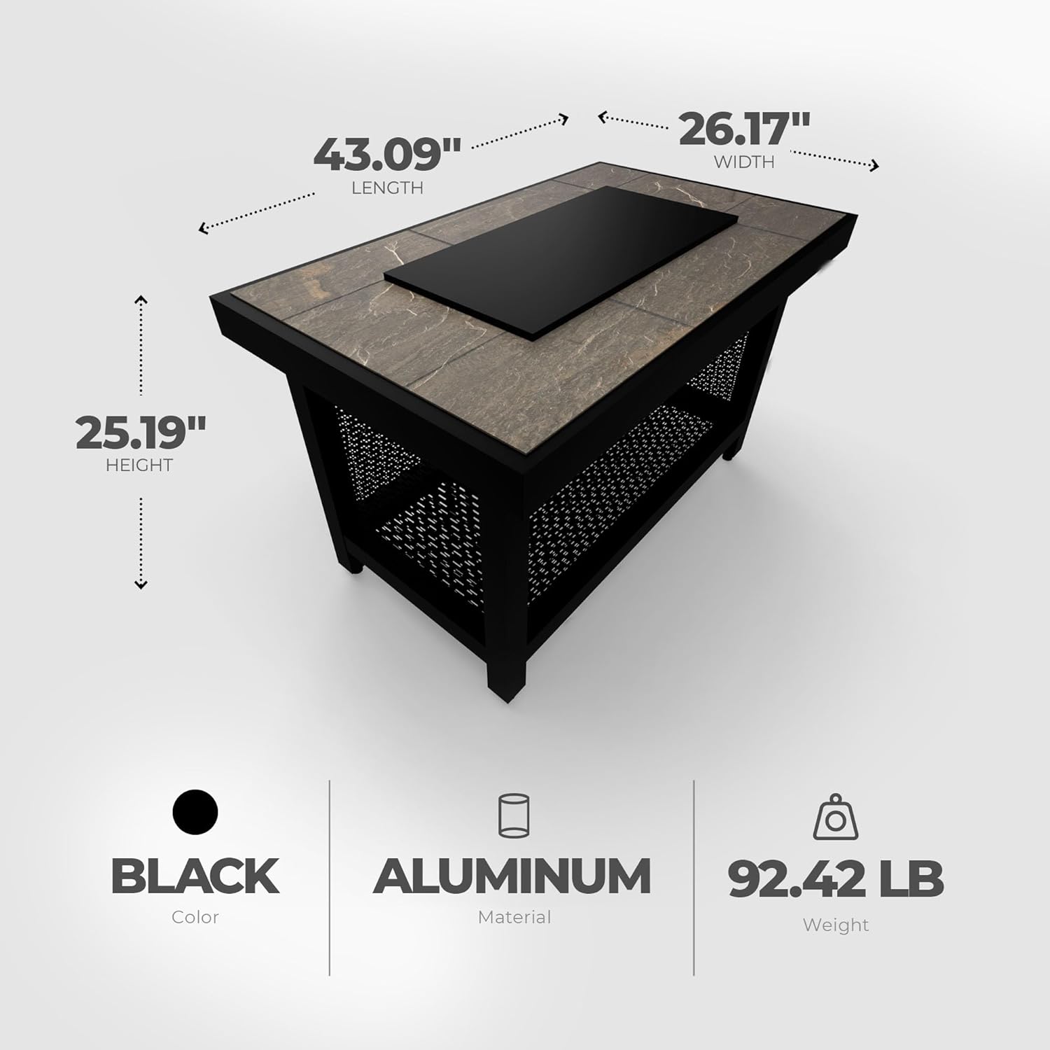 Four Seasons Courtyard Wilmette Aluminum Firepit Woven Wicker with Grouted Stone Tile Top and Rectangular Framing for Patio, Lawn, and Garden Use