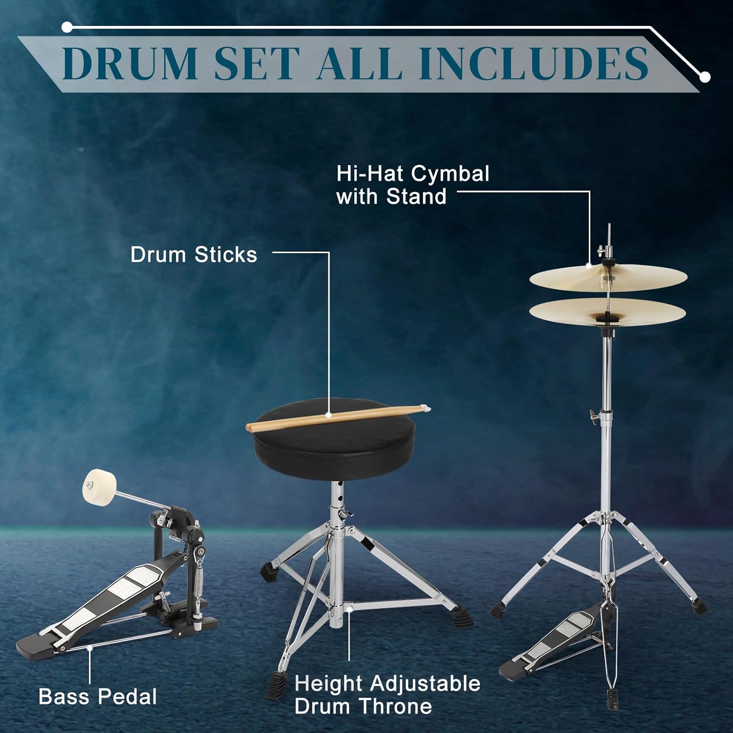 Ktaxon 22 Inch Adult Drum Set, 5-Piece Full-Size Drums Kit with Cymbal Stands, Hi-hat Stand, Sticks, Drum Pedal, Stool & Floor Tom for Beginner Teens Student (Brushed Blue)