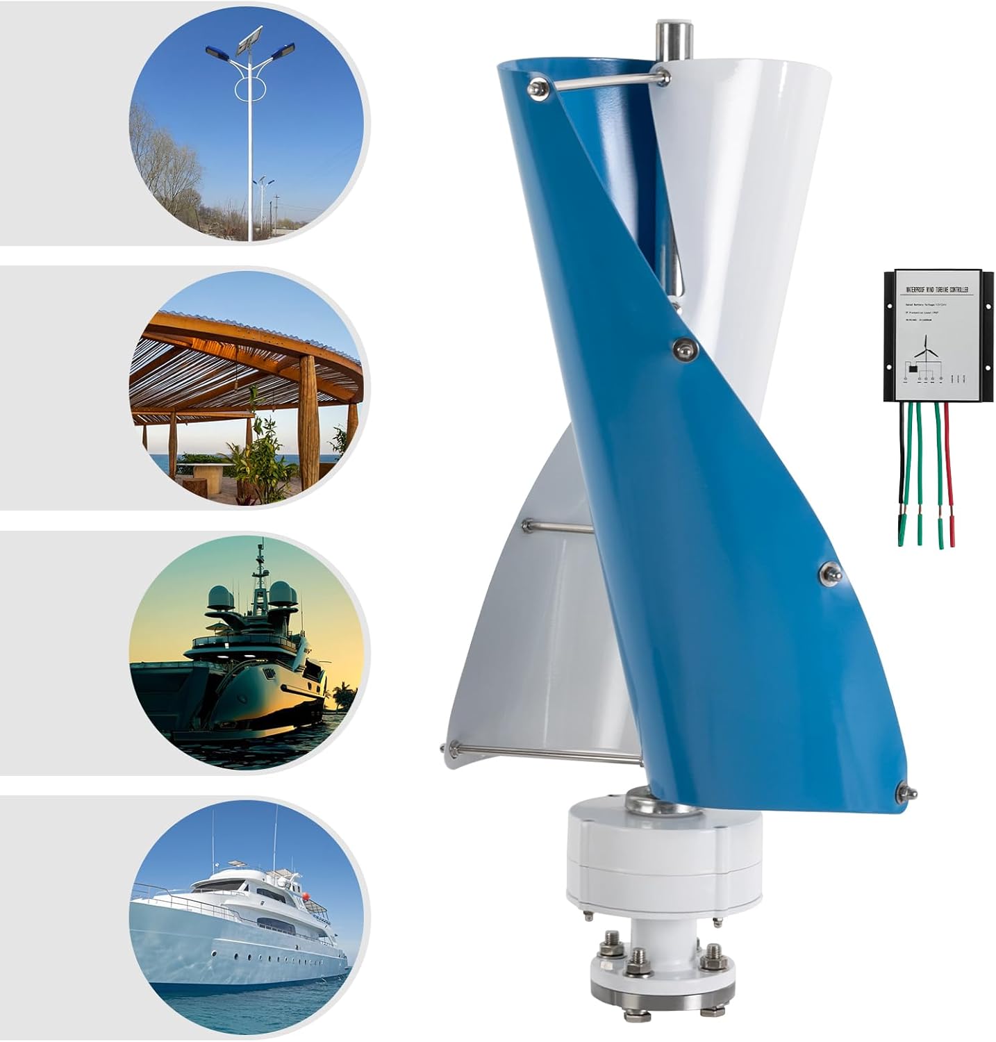 Wind Turbine Generators Kit, 500W Vertical Axis Wind Turbine Generator w/Controller Wind Turbine Power Generation Spiral Principle Permanent Magnet Generator Windmill (12V+White and Blue)